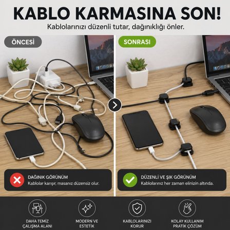 Polham 6’lı Set Klipsli Kablo Tutucu – Yapışkanlı Masaüstü Kablo Düzenleyici, Şarj USB Mouse Kulaklık Kablo Sabitleyici