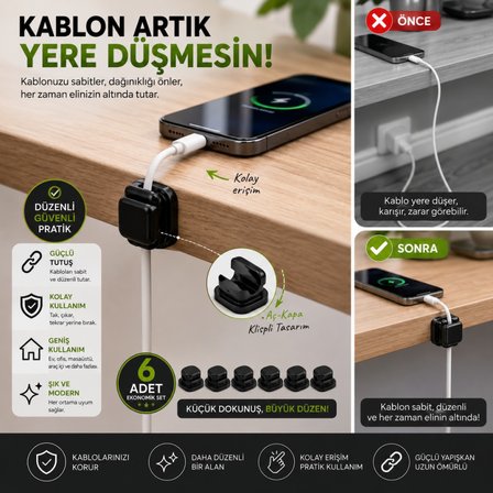 Polham 6’lı Set Klipsli Kablo Tutucu – Yapışkanlı Masaüstü Kablo Düzenleyici, Şarj USB Mouse Kulaklık Kablo Sabitleyici