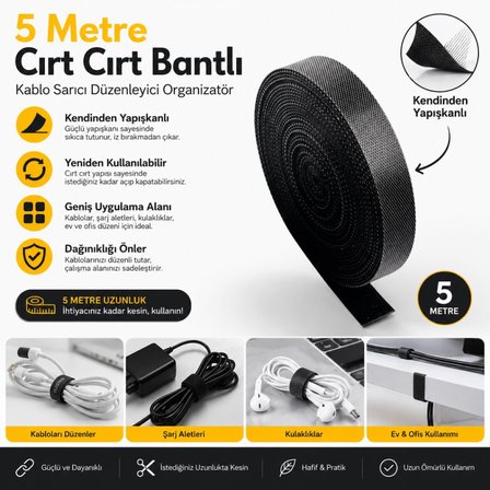 Polham 5 Metre Cırt Cırt Bantlı Kablo Sarıcı Düzenleyici Organizatör – Kesilebilir, Yeniden Kullanılabilir