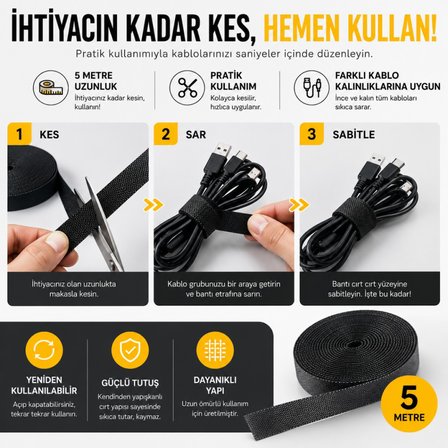 Polham 5 Metre Cırt Cırt Bantlı Kablo Sarıcı Düzenleyici Organizatör – Kesilebilir, Yeniden Kullanılabilir