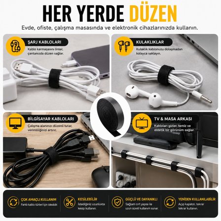 Polham 5 Metre Cırt Cırt Bantlı Kablo Sarıcı Düzenleyici Organizatör – Kesilebilir, Yeniden Kullanılabilir