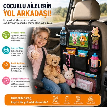Polham 8 Bölmeli Araç Koltuk Arkası Organizer Tablet Bölmeli Fileli Oto Koltuk Arkası Eşya Düzenleyici