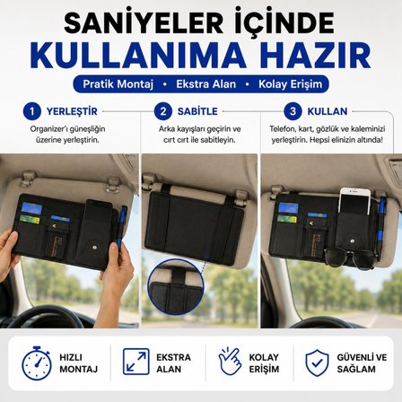 Polham Çok Fonksiyonlu Araç Güneşlik Cüzdanı Organizer – Telefon, Kart, Gözlük ve Kalem Bölmeli Organizer