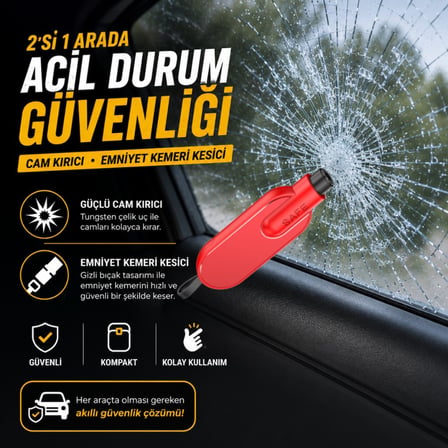 Polham 2in1 Anahtarlıklı Araç İçi Acil Durum Cam Kırıcı ve Emniyet Kemeri Kesici – Kompakt Oto Güvenlik Aparatı Kırmızı