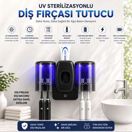 Polham UV Sterilizasyonlu Diş Fırçası Tutucu – 4 Fırça Kapasiteli, Otomatik UV Hijyen, 1200 mAh Şarjlı Siyah