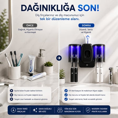 Polham UV Sterilizasyonlu Diş Fırçası Tutucu – 4 Fırça Kapasiteli, Otomatik UV Hijyen, 1200 mAh Şarjlı Siyah