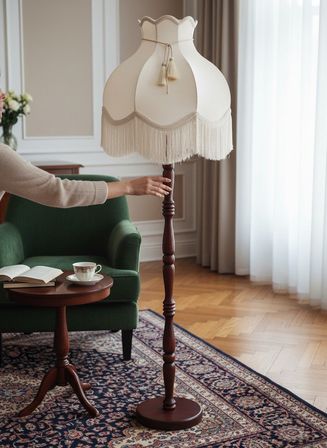 Ekru Kadife Başlık Kahverengi Ahşap Ayak Lambader Vintage Model 170x45cm