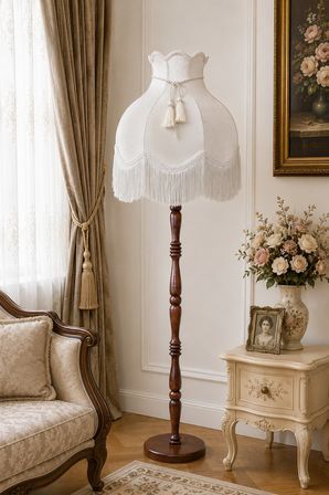 Ekru Kadife Başlık Kahverengi Ahşap Ayak Lambader Vintage Model 170x45cm