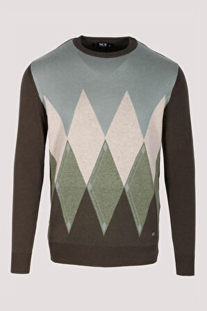 Erkek Triko Haki Bisiklet Yaka Baklava Desenli Slim Fit Pamuklu Kazak NCS JEANS 3727