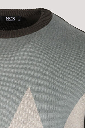 Erkek Triko Haki Bisiklet Yaka Baklava Desenli Slim Fit Pamuklu Kazak NCS JEANS 3727