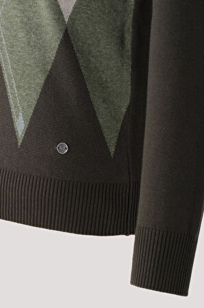 Erkek Triko Haki Bisiklet Yaka Baklava Desenli Slim Fit Pamuklu Kazak NCS JEANS 3727