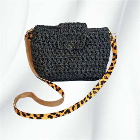 Uretti - Hacer 8870 4508 El Örgüsü Kağıt İp Leopar Askılı Kadın Omuz Çantası
