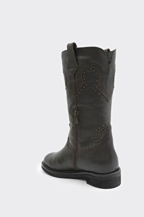 Hakiki Deri Bilekte Fermuarlı Kadın Diz Altı Çizme