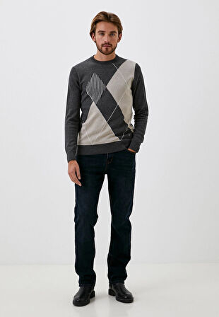 Erkek Triko Koyu Grimelanj Bisiklet Yaka Koyu Grimelanj Baklava Desenli Slim Fit Pamuklu Kazak NCS JEANS 3728