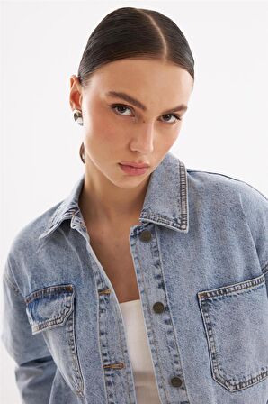 Explode - Kadın Oversize Kot Ceket Açık Mavi