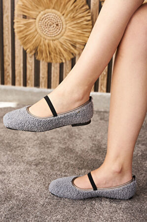 Günlük Kadın Babet Peluş Lastik Detaylı Oval Burunlu Rahat Hafif Ayakkabı 373