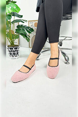 Günlük Kadın Babet Peluş Lastik Detaylı Oval Burunlu Rahat Hafif Ayakkabı 373