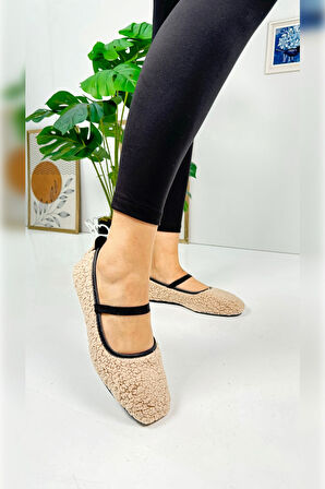 Günlük Kadın Babet Peluş Lastik Detaylı Oval Burunlu Rahat Hafif Ayakkabı 373