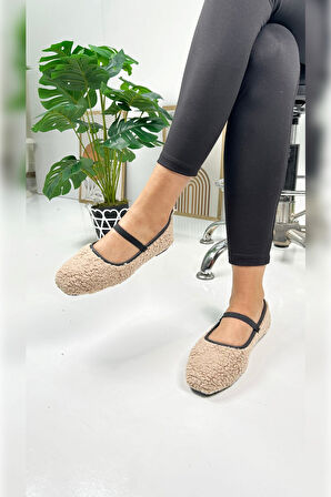 Günlük Kadın Babet Peluş Lastik Detaylı Oval Burunlu Rahat Hafif Ayakkabı 373