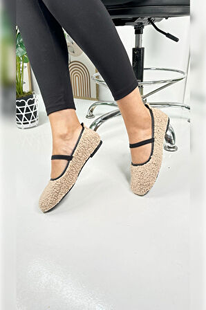 Günlük Kadın Babet Peluş Lastik Detaylı Oval Burunlu Rahat Hafif Ayakkabı 373