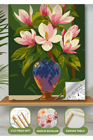 Sayılarla Boyama Seti 40x50 Cm (Çıtalı) Fırça Boya Dahil Numaralı Tuval Yeşil Çerçeve Güller