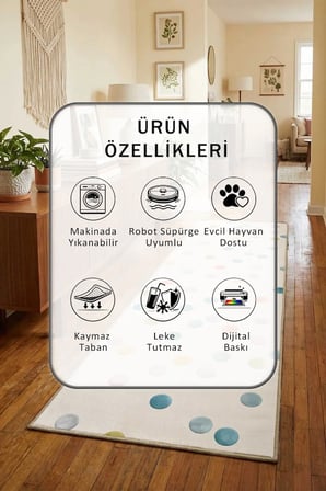 Dots Tk268-v1-c Krem Yıkanabilir Yolluk Halı Kaymaz Taban Salon Mutfak