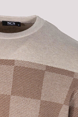 Erkek Triko Kahve Bisiklet Yaka Desenli Slim Fit Pamuklu Kazak NCS JEANS 3730