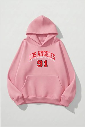 Unisex Yumuşak Dokulu Los Angeles 91 Baskılı Tasarım Oversize 3 İplik Hoodie Sweatshirt