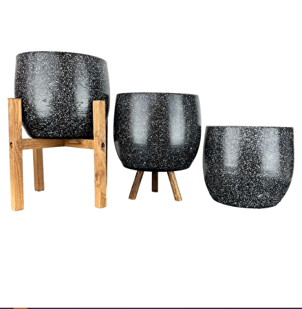 Ev Dekorasyon Aksesuar Siyah Granit Toprak Saksı Saksılık Salon Çiçeklik Üçlü Set- 19 CM