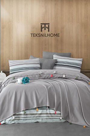 %100 Pamuklu Valeria Tassel Çift Kişilik Püsküllü Gri Pike Takımı(ÇARŞAF,PİKE,YASTIK KILIFI)