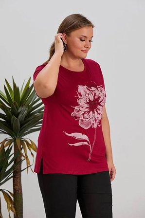 Wearon Kadın Esra Önü Gül Baskılı Taşlı Kısa Kollu Bordo Tişört