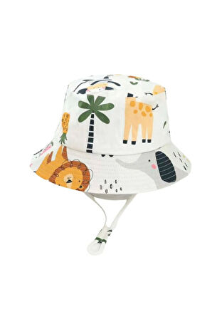 Güneş Korumalı Şapka – Beyaz Safari Hayvanları Aslan Fil Zurafa 54 Cm 4-8 Yaş