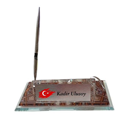 Kişiye Özel Türk Bayrak Tasarımlı Kristal Masa İsimliği - Kalemli ve Saatli Hediye