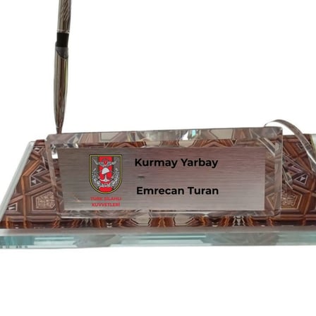 Rütbeli ve İsimli Kristal Cam Masa İsimliği - Gümüş Kalemli Askere Hediye