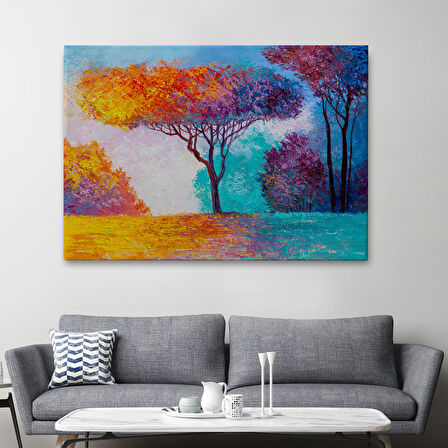 Renkli Ağaçlar Yağlıboya Görünüm Dekoratif Kanvas Duvar Tablosu-3739