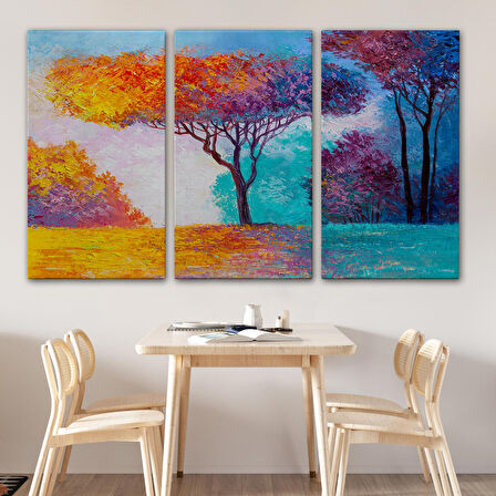 Renkli Ağaçlar Yağlıboya Görünüm Dekoratif Kanvas Duvar Tablosu-3739