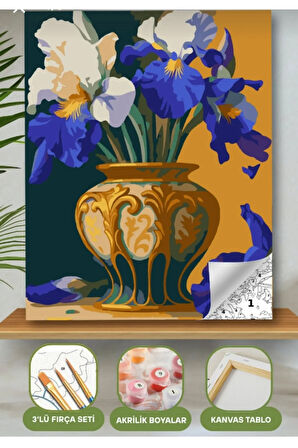 Sayılarla Boyama Seti 40x50 Cm (Çıtalı) Fırça Boya Dahil Numaralı Tuval Eskitme Vazo Mavi Çiçek