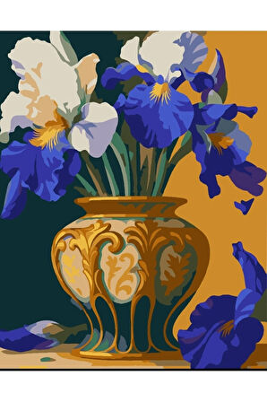 Sayılarla Boyama Seti 40x50 Cm (Çıtalı) Fırça Boya Dahil Numaralı Tuval Eskitme Vazo Mavi Çiçek