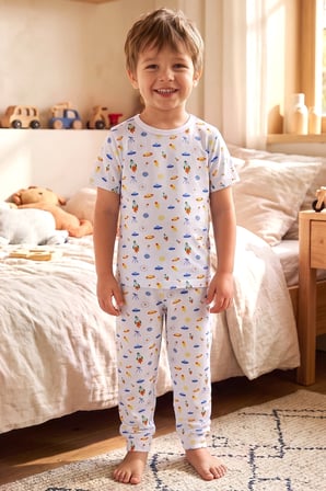 Öts Erkek Çocuk Pamuklu Pijama Takımı Kısa Kol Uzun Alt Desenli Premium Ev Stili (374005)
