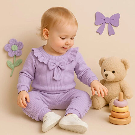 Pamuklu Fırfırlı Eşofman alt üst kız çocuk ikili takım