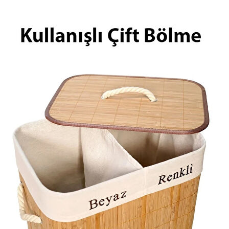 Ezere Bambu Naturel Hasır Çift Bölmeli Katlanabilir Kirli Çamaşır Sepeti 100 Lt