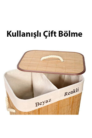 MEFA ÖS Ezere Bambu Naturel Hasır Çift Bölmeli Katlanabilir Kirli Çamaşır Sepeti 100 Lt