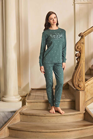 Aydoğan Kadın Lavin Ribana Manşetli Viridian Koton Pijama Takım 0593