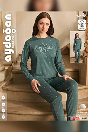 Aydoğan Kadın Lavin Ribana Manşetli Viridian Koton Pijama Takım 0593