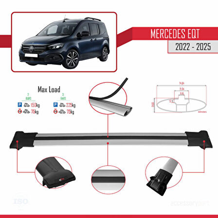 Mercedes EQT / Citan W420 2022-2025 Arası ile Uyumlu FLY Model Ara Atkı Tavan Barı Gri 2 Adet
