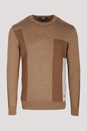 Erkek Triko Camel Bisiklet Yaka Desenli Slim Fit Pamuklu Kazak NCS JEANS 3740