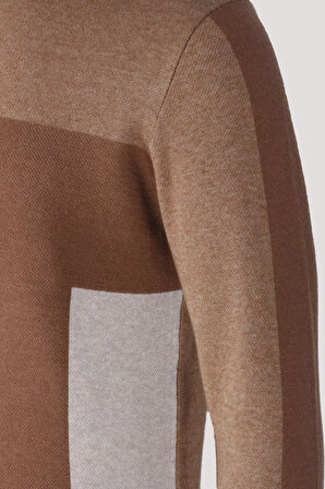 Erkek Triko Camel Bisiklet Yaka Desenli Slim Fit Pamuklu Kazak NCS JEANS 3740