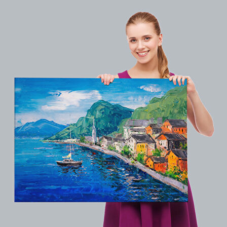 Hallstatt Avusturya Yağlıboya Görünüm Dekoratif Kanvas Duvar Tablosu-3742