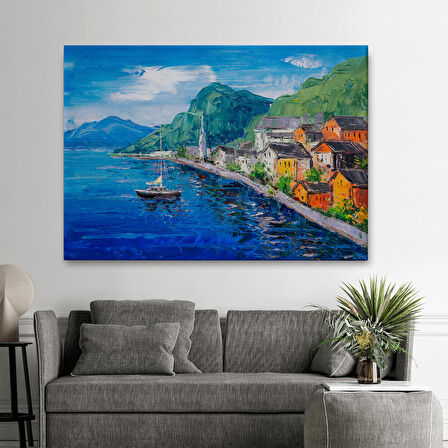 Hallstatt Avusturya Yağlıboya Görünüm Dekoratif Kanvas Duvar Tablosu-3742