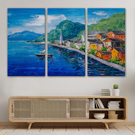 Hallstatt Avusturya Yağlıboya Görünüm Dekoratif Kanvas Duvar Tablosu-3742